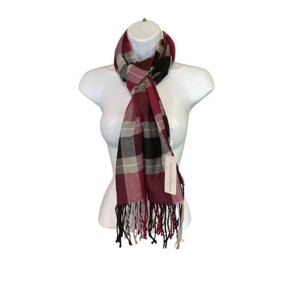Burgundy Plaid Scarf 68"x13"  Fringe Wrap Grunge Dark Academia Preppy Style - Picture 2 of 7